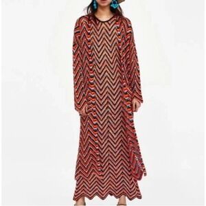 Zara Knit Duster Cardigan Long Chevron Multicolor Zig Zag Linen Crochet Retro S‎